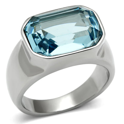 TK527 - High polished (no plating) Stainless Steel Ring with Top Grade Crystal  in Sea Blue-0