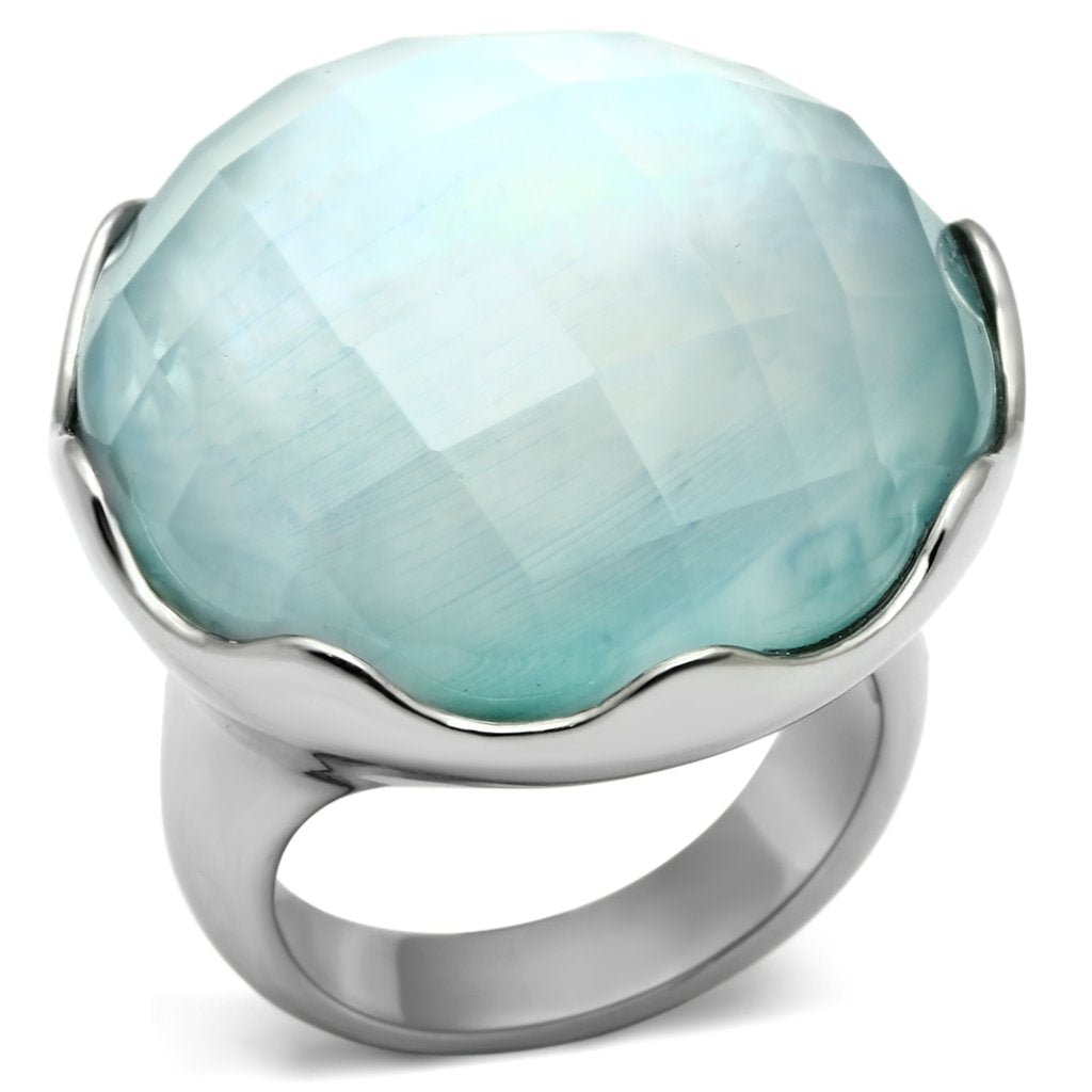 TK637 - High polished (no plating) Stainless Steel Ring with Synthetic Synthetic Glass in Sea Blue-0