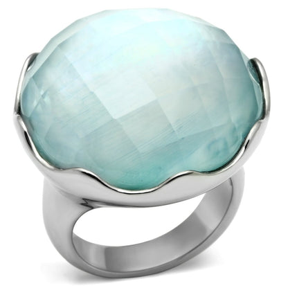 TK637 - High polished (no plating) Stainless Steel Ring with Synthetic Synthetic Glass in Sea Blue-0