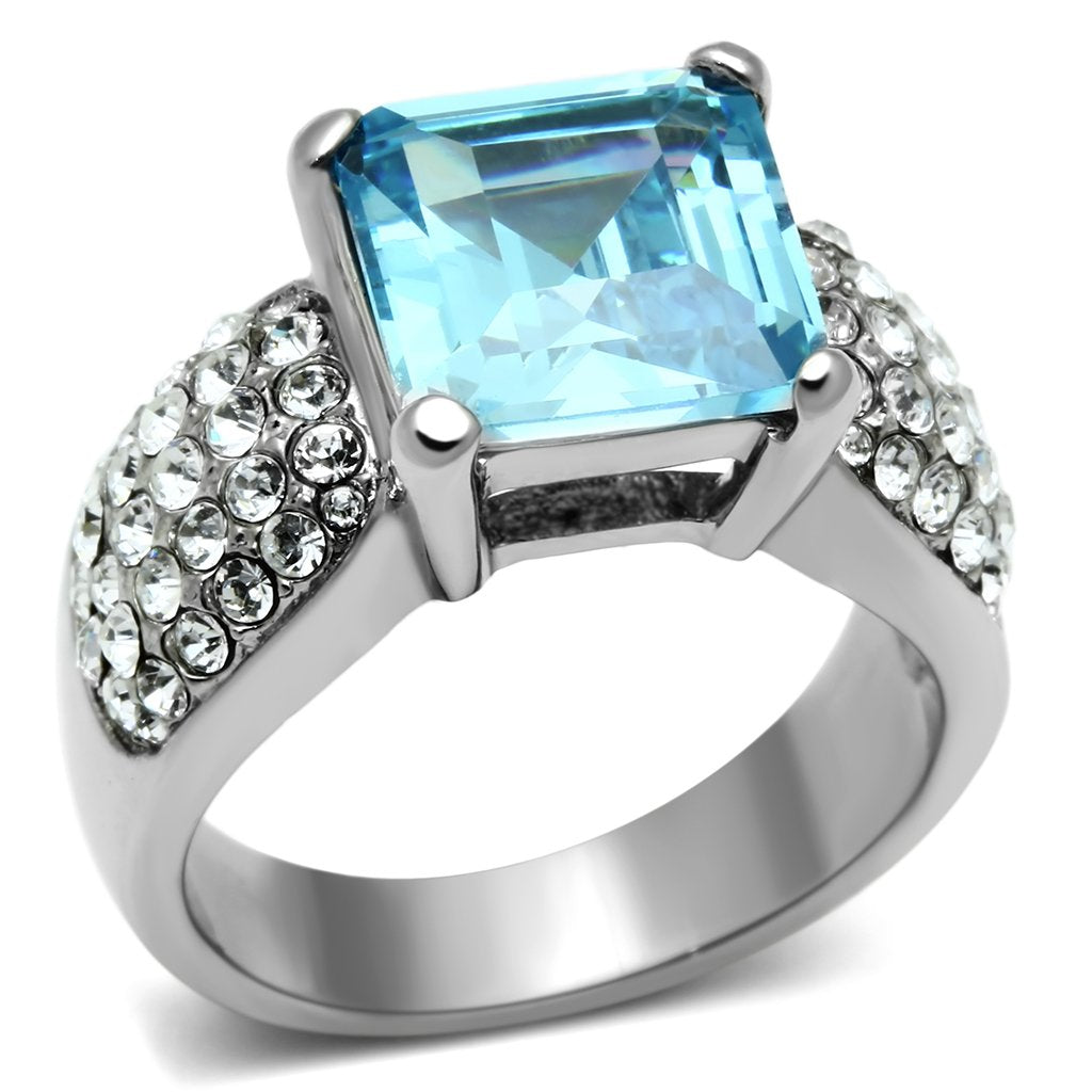 TK648 - High polished (no plating) Stainless Steel Ring with Top Grade Crystal  in Sea Blue-0