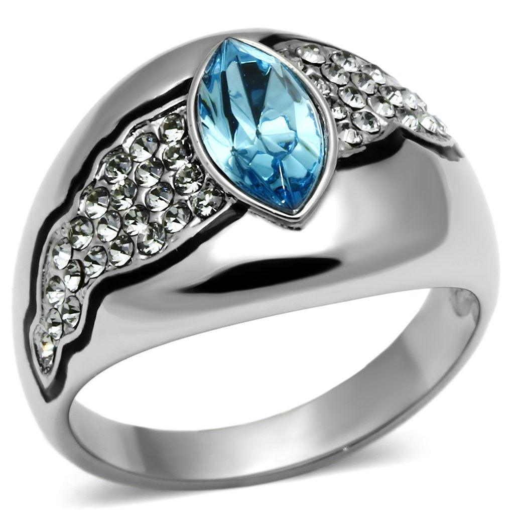 TK659 - High polished (no plating) Stainless Steel Ring with Top Grade Crystal  in Sea Blue-0