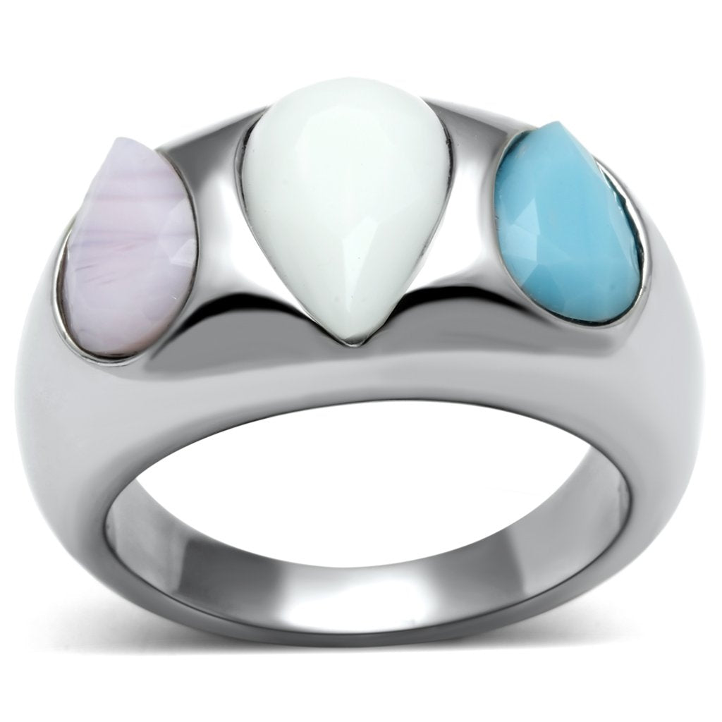 TK690 - High polished (no plating) Stainless Steel Ring with Synthetic Synthetic Glass in Multi Color-0