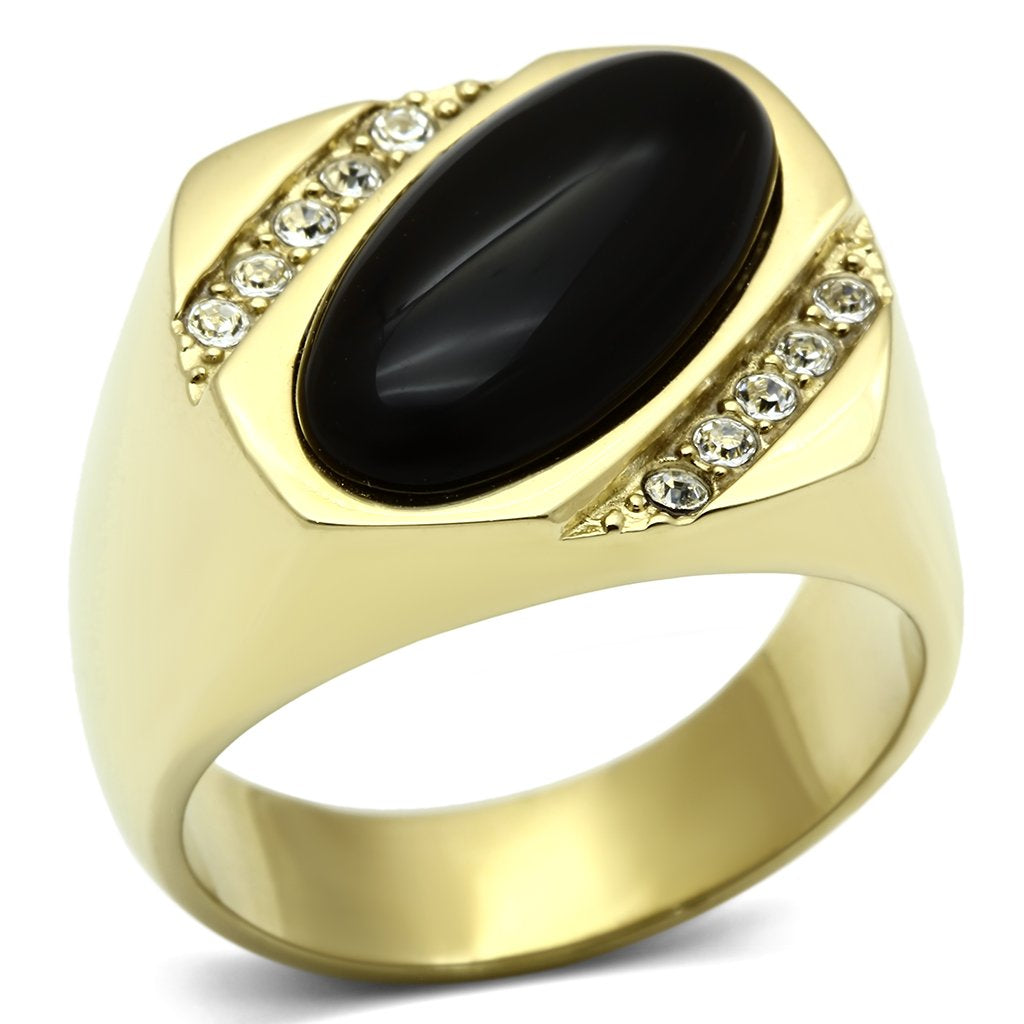 TK716 - IP Gold(Ion Plating) Stainless Steel Ring with Semi-Precious Onyx in Jet-0