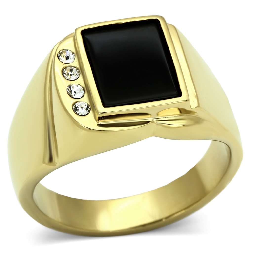 TK722 - IP Gold(Ion Plating) Stainless Steel Ring with Semi-Precious Onyx in Jet-0