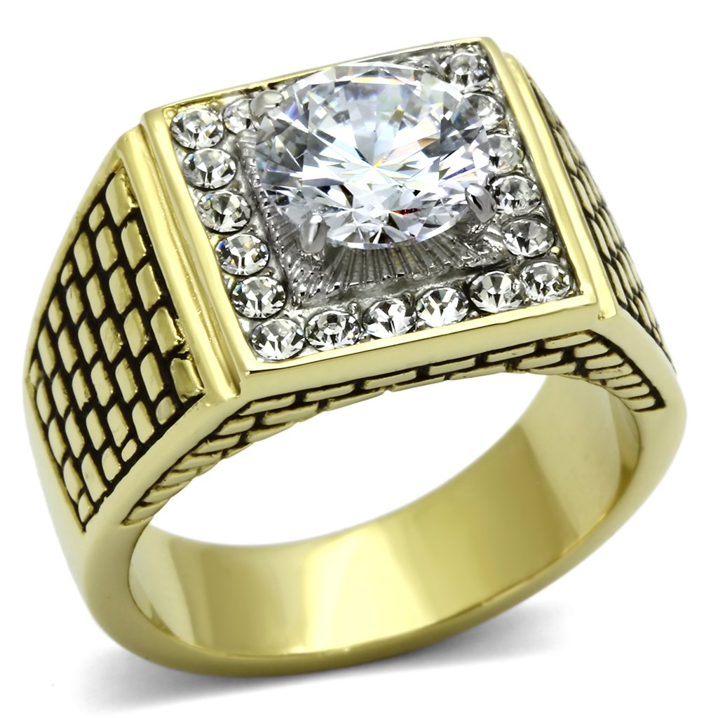 TK735 - Two-Tone IP Gold (Ion Plating) Stainless Steel Ring with AAA Grade CZ  in Clear-0