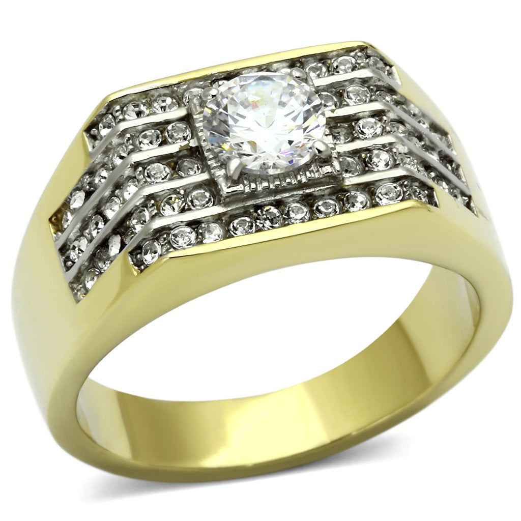 TK737 - Two-Tone IP Gold (Ion Plating) Stainless Steel Ring with AAA Grade CZ  in Clear-0