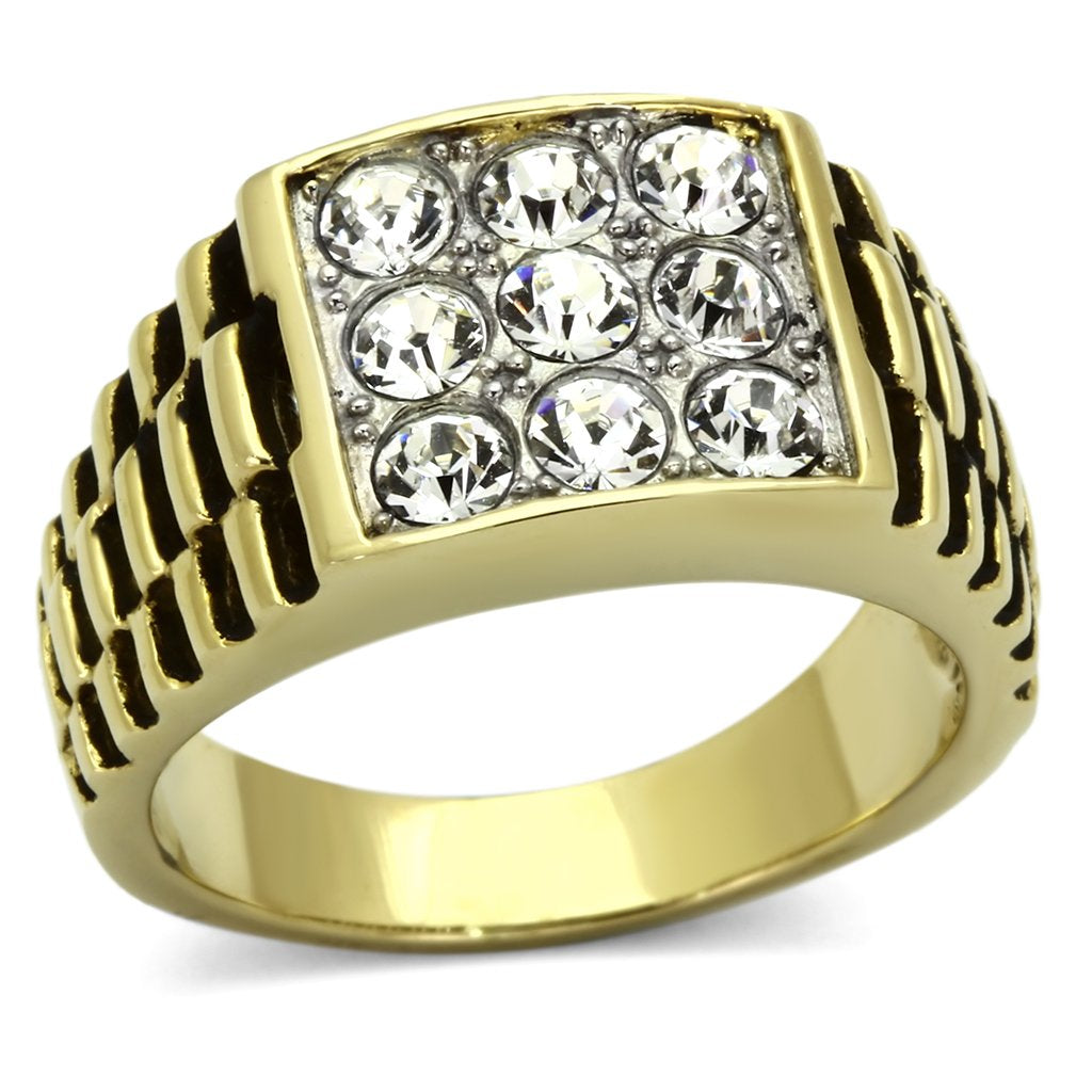 TK796 - Two-Tone IP Gold (Ion Plating) Stainless Steel Ring with Top Grade Crystal  in Clear-0