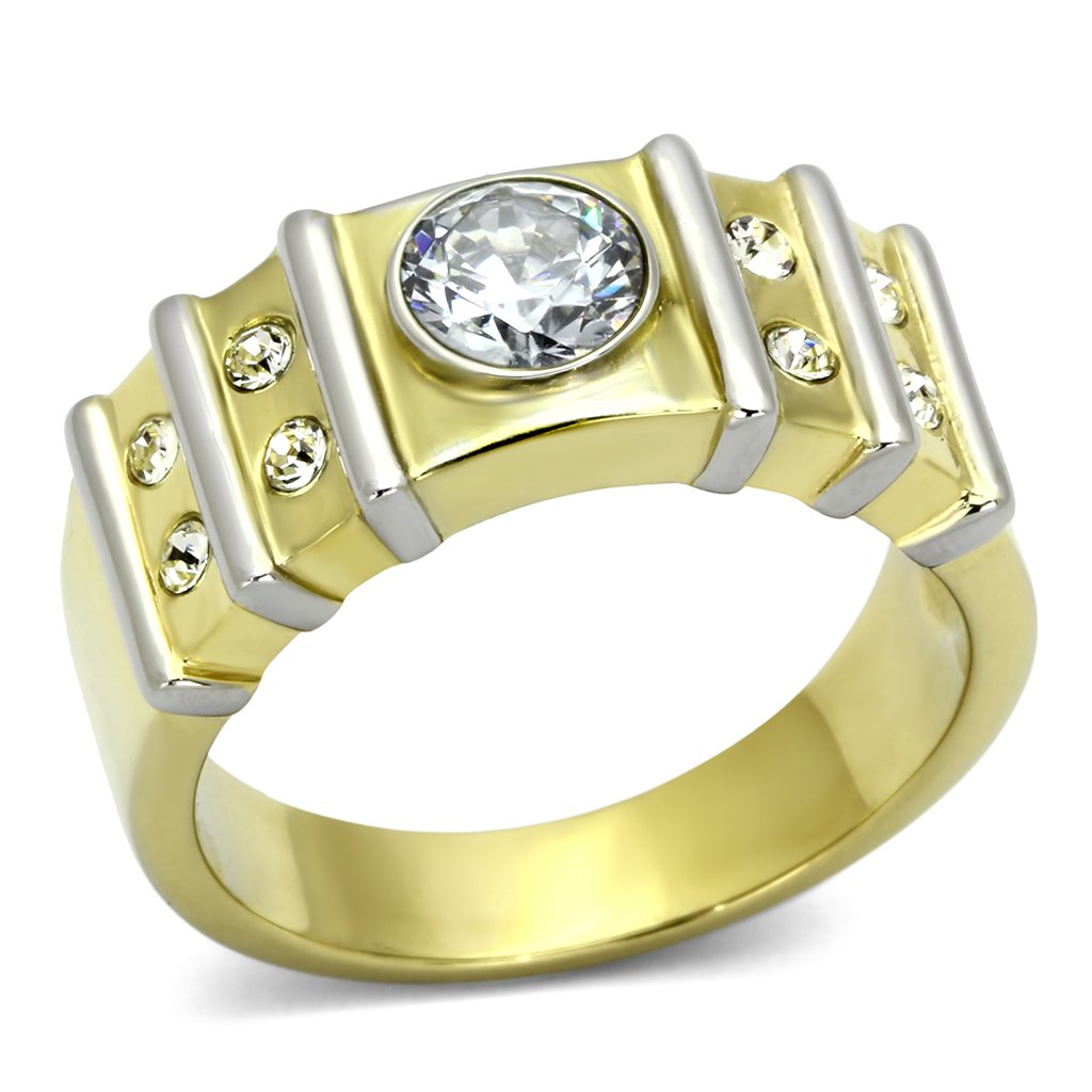 TK797 - Two-Tone IP Gold (Ion Plating) Stainless Steel Ring with AAA Grade CZ  in Clear-0
