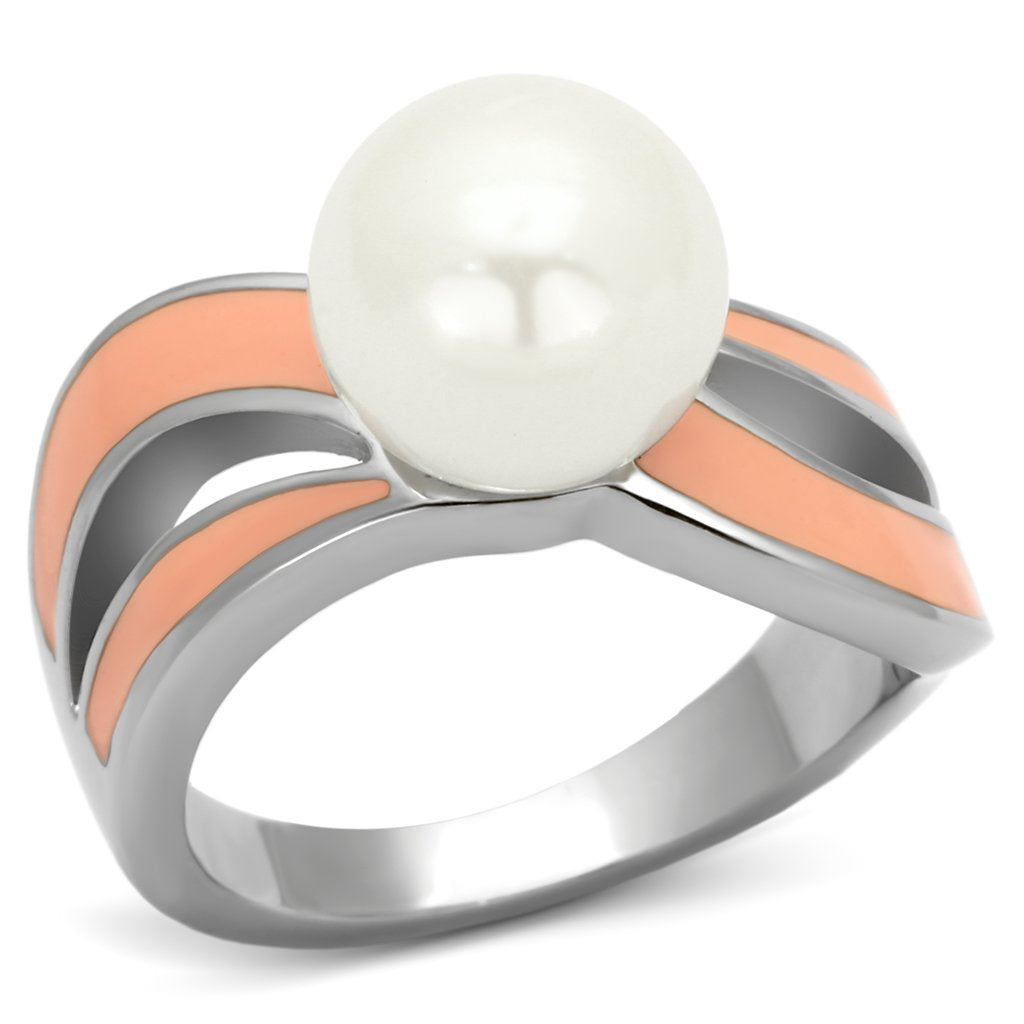 TK810 - High polished (no plating) Stainless Steel Ring with Synthetic Pearl in White-0