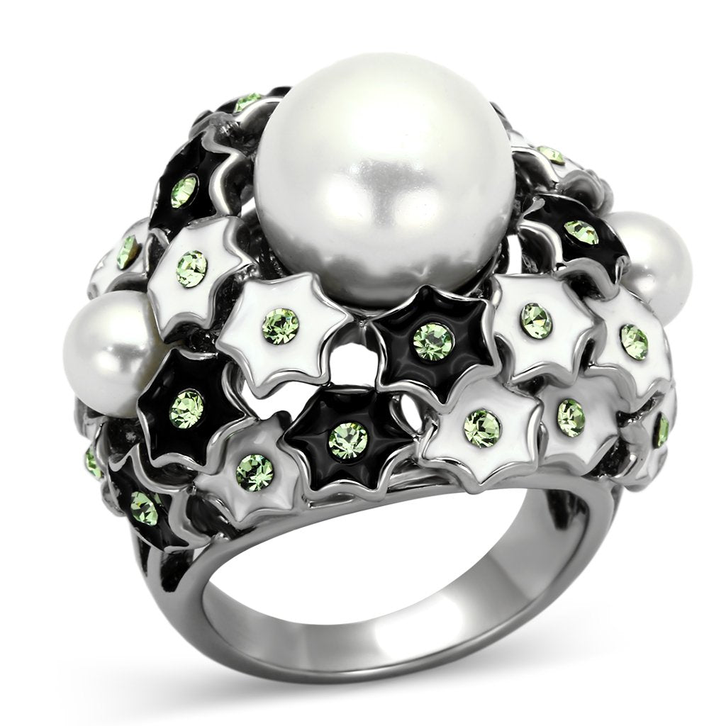 TK818 - High polished (no plating) Stainless Steel Ring with Synthetic Pearl in White-0
