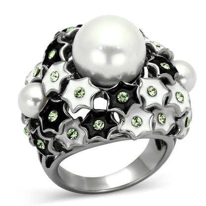 TK818 - High polished (no plating) Stainless Steel Ring with Synthetic Pearl in White-0