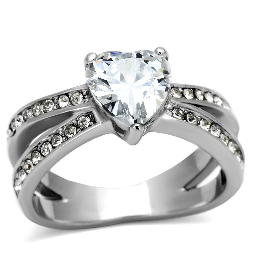 TK851 - High polished (no plating) Stainless Steel Ring with AAA Grade CZ  in Clear-0