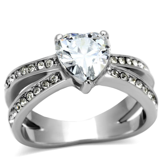 TK851 - High polished (no plating) Stainless Steel Ring with AAA Grade CZ  in Clear-0