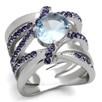 TK865 - High polished (no plating) Stainless Steel Ring with Synthetic Synthetic Glass in Light Sapphire-0