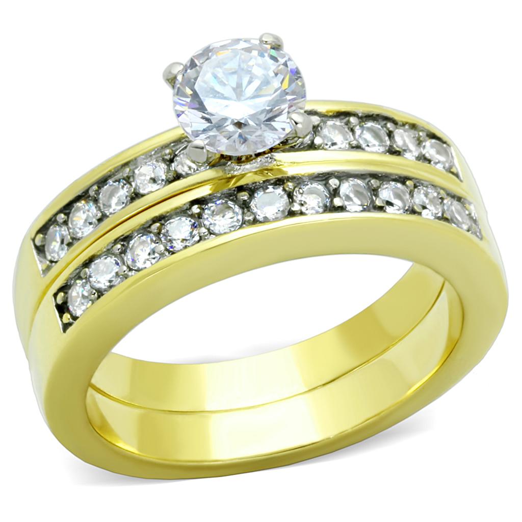 TK8X003 - Two-Tone IP Gold (Ion Plating) Stainless Steel Ring with AAA Grade CZ  in Clear-0