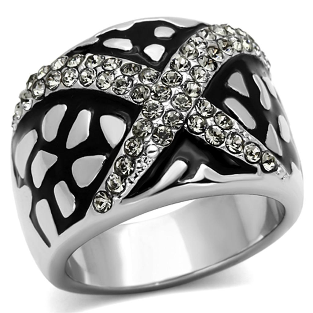TK921 - High polished (no plating) Stainless Steel Ring with Top Grade Crystal  in Black Diamond-0