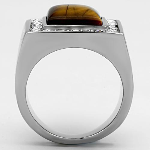 TK938 - High polished (no plating) Stainless Steel Ring with Synthetic Tiger Eye in Topaz-2
