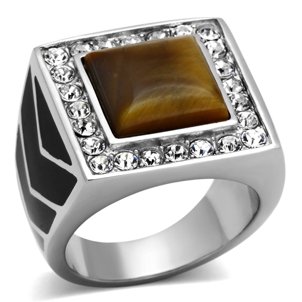 TK938 - High polished (no plating) Stainless Steel Ring with Synthetic Tiger Eye in Topaz-0
