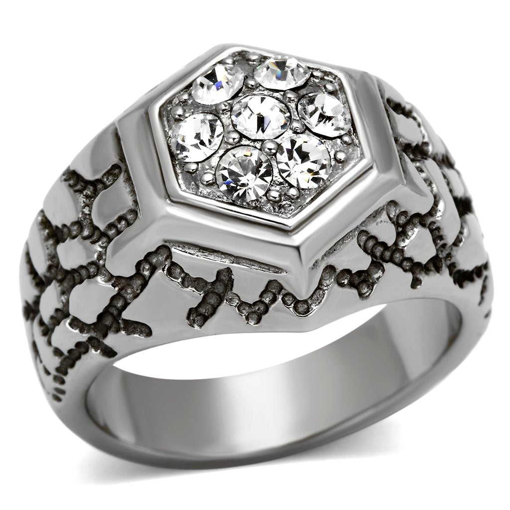 TK960 - High polished (no plating) Stainless Steel Ring with Top Grade Crystal  in Clear-0