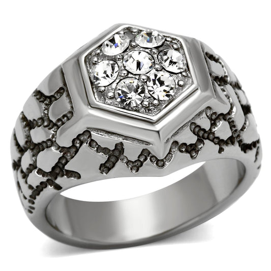 TK960 - High polished (no plating) Stainless Steel Ring with Top Grade Crystal  in Clear-0