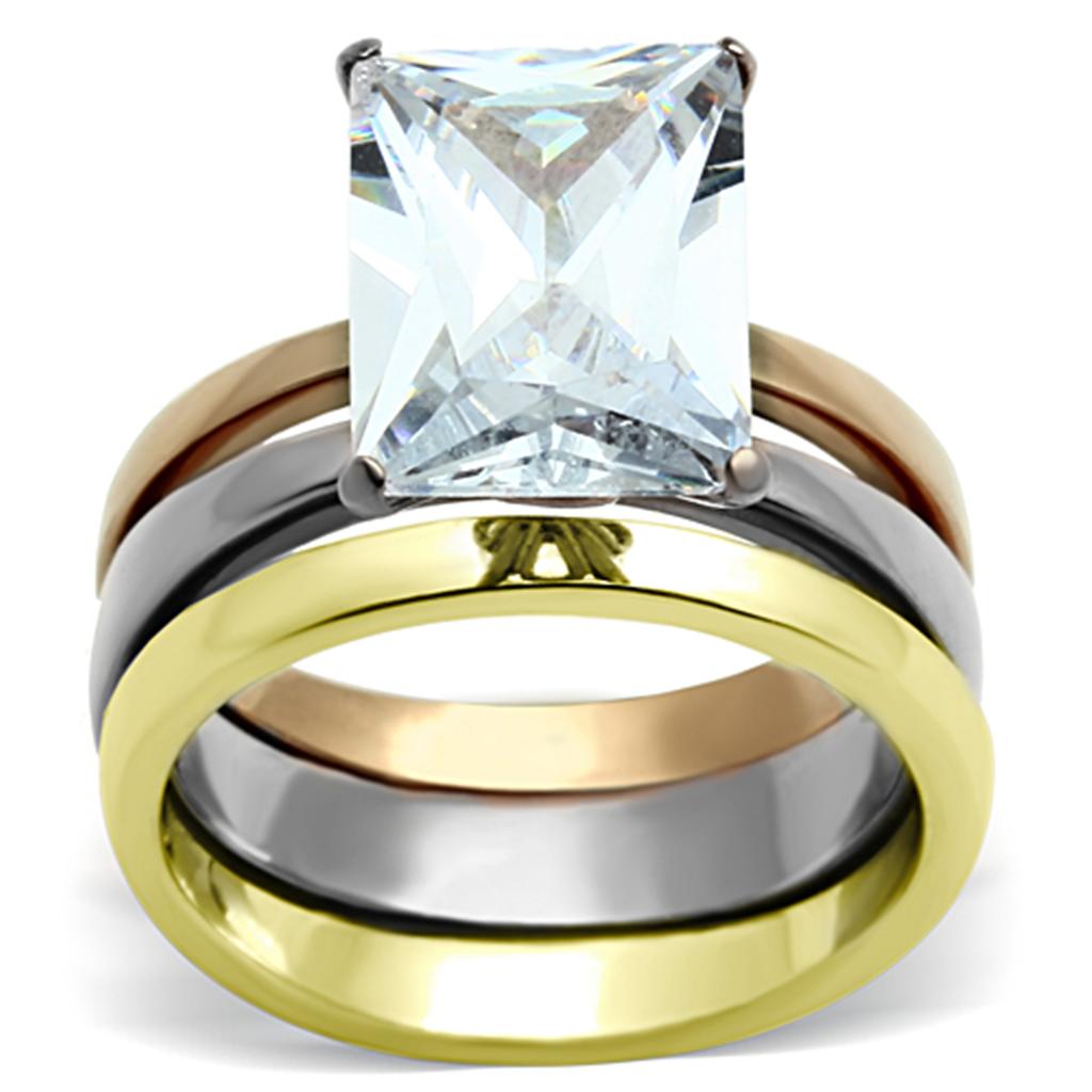 TK962 - Three Tone (IP Gold & IP Rose Gold & High Polished) Stainless Steel Ring with AAA Grade CZ  in Clear-0