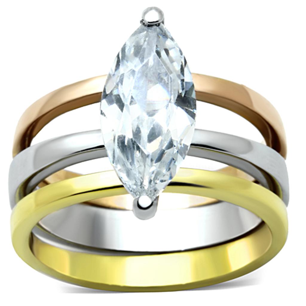 TK964 - Three Tone (IP Gold & IP Rose Gold & High Polished) Stainless Steel Ring with AAA Grade CZ  in Clear-0