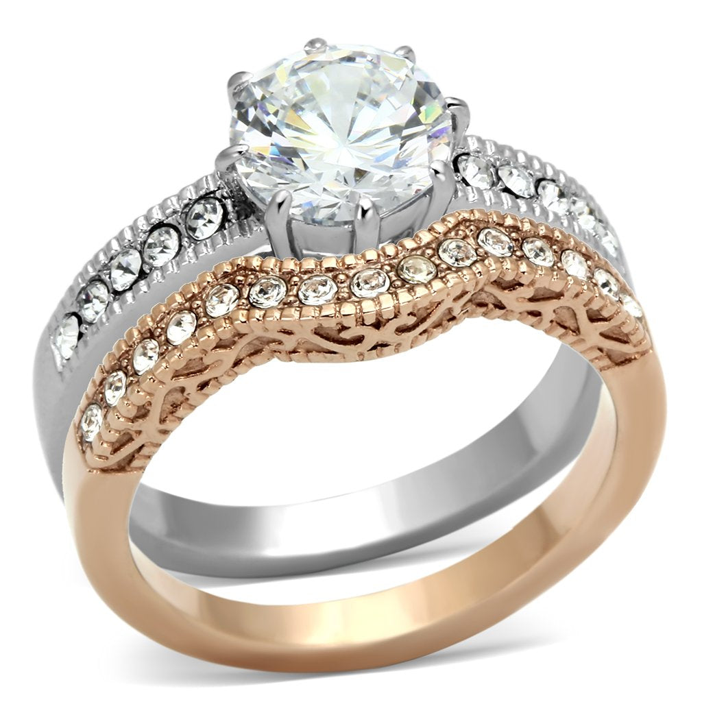 TK966 - Two-Tone IP Rose Gold Stainless Steel Ring with AAA Grade CZ  in Clear-0