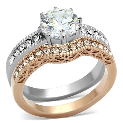 TK966 - Two-Tone IP Rose Gold Stainless Steel Ring with AAA Grade CZ  in Clear-0