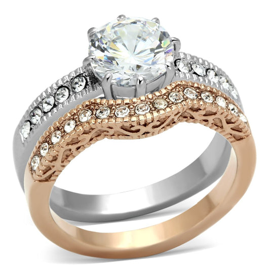 TK966 - Two-Tone IP Rose Gold Stainless Steel Ring with AAA Grade CZ  in Clear-0