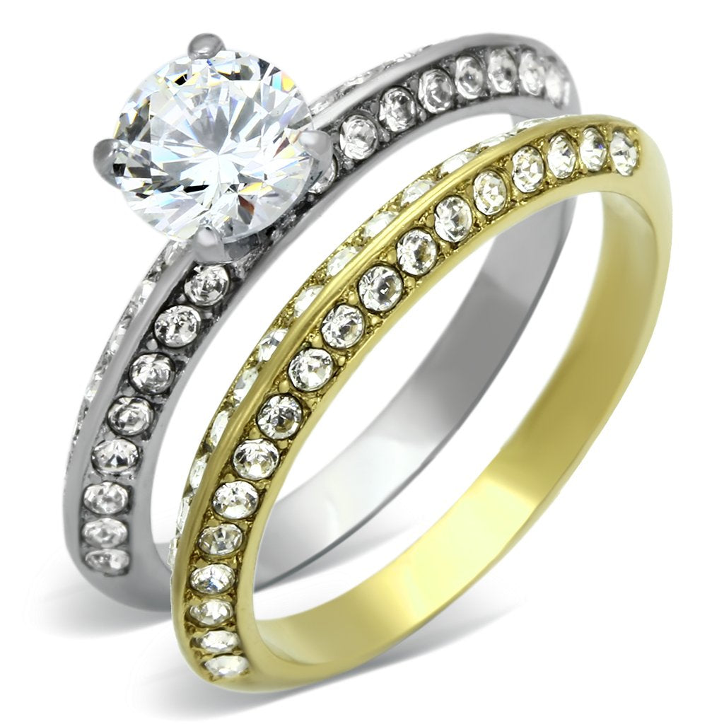 TK967 - Two-Tone IP Gold (Ion Plating) Stainless Steel Ring with AAA Grade CZ  in Clear-0