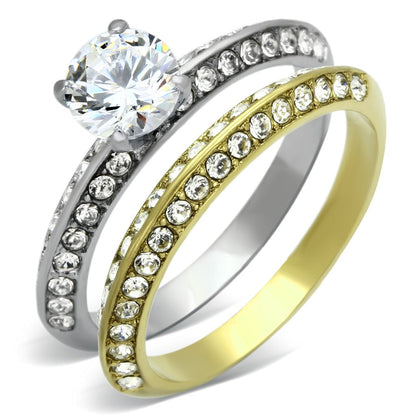TK967 - Two-Tone IP Gold (Ion Plating) Stainless Steel Ring with AAA Grade CZ  in Clear-0