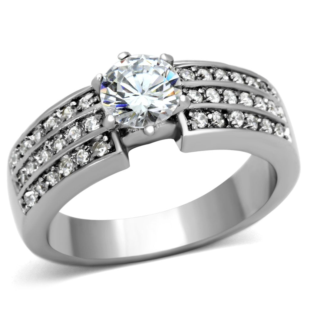 TK997 - High polished (no plating) Stainless Steel Ring with AAA Grade CZ  in Clear-0