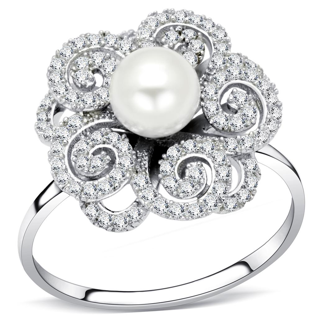 TS070 - Rhodium 925 Sterling Silver Ring with Synthetic Pearl in White-0