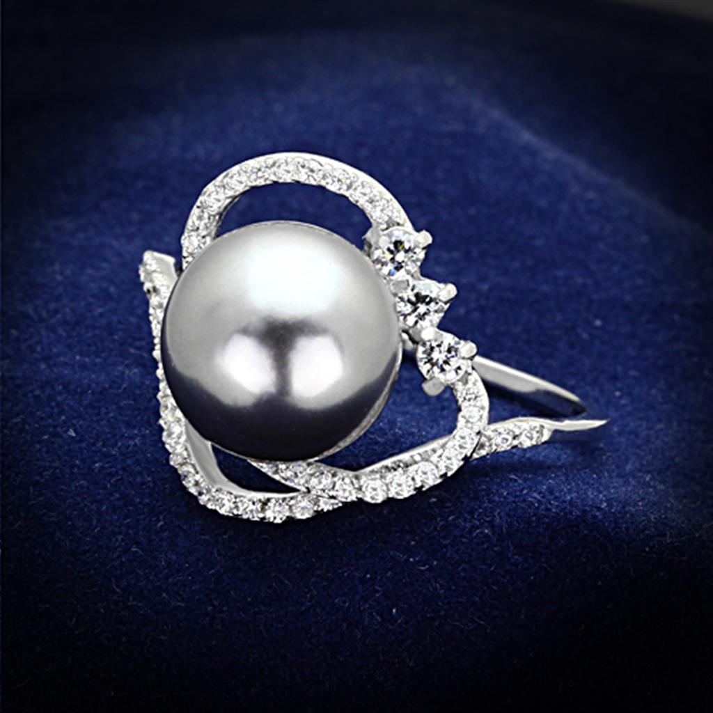 TS153 - Rhodium 925 Sterling Silver Ring with Synthetic Pearl in Gray-0