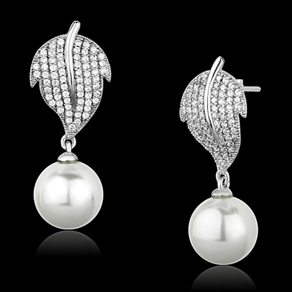 TS166 - Rhodium 925 Sterling Silver Earrings with Synthetic Pearl in White-0