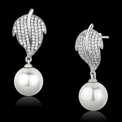 TS166 - Rhodium 925 Sterling Silver Earrings with Synthetic Pearl in White-0