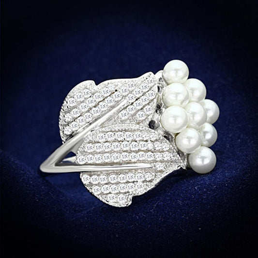 TS167 - Rhodium 925 Sterling Silver Ring with Synthetic Pearl in White-0