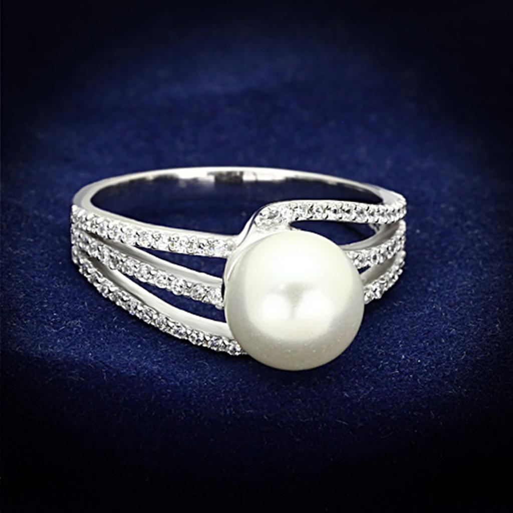 TS170 - Rhodium 925 Sterling Silver Ring with Synthetic Pearl in White-0
