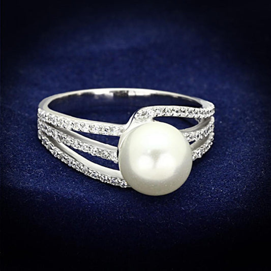 TS170 - Rhodium 925 Sterling Silver Ring with Synthetic Pearl in White-0