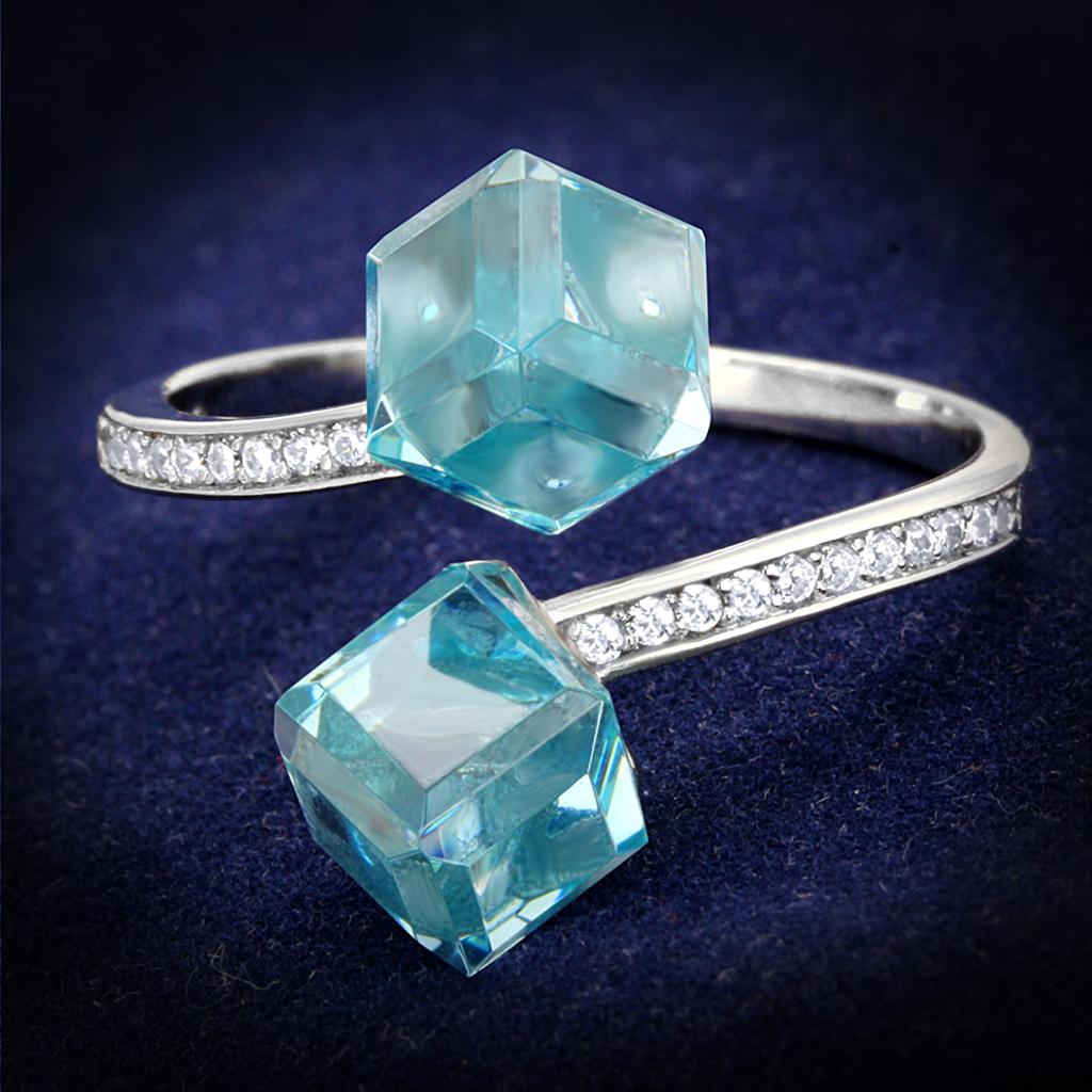 TS317 - Rhodium 925 Sterling Silver Ring with AAA Grade CZ  in Sea Blue-0