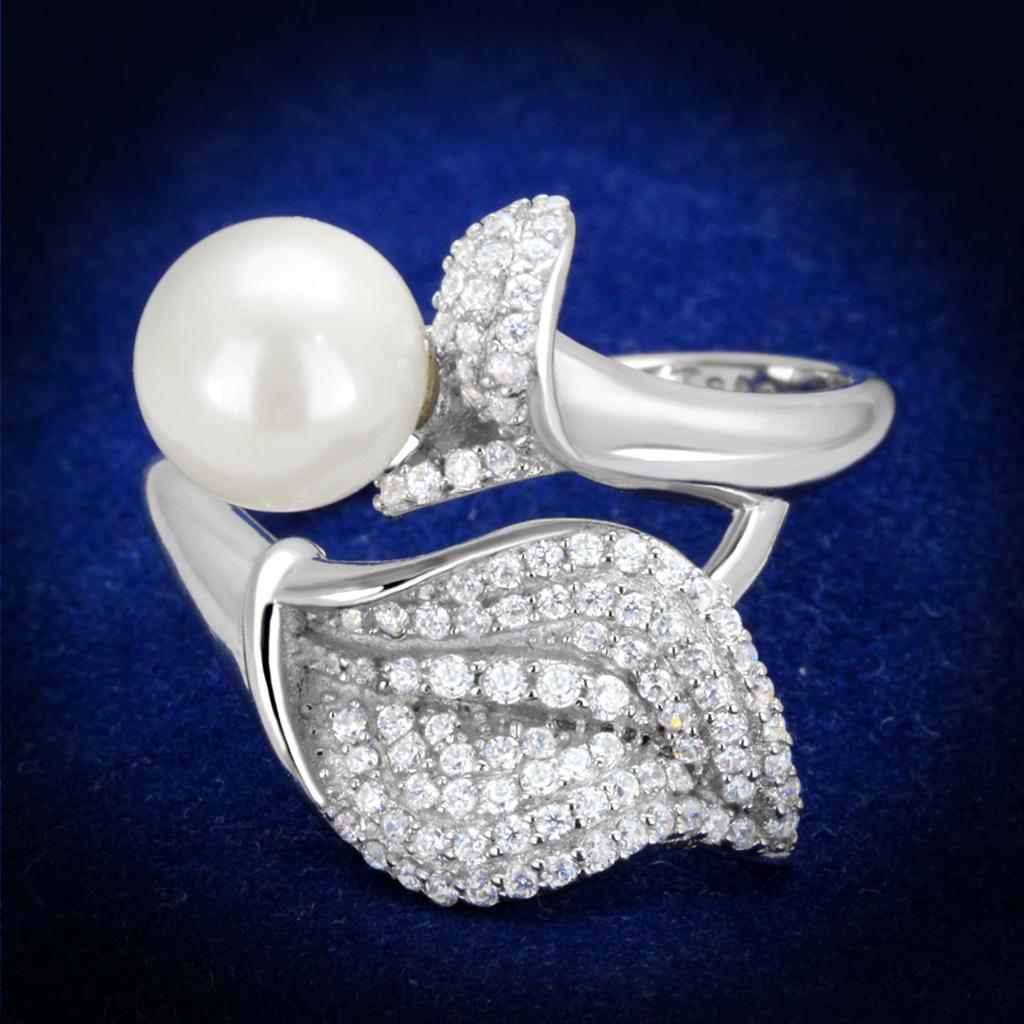 TS329 - Rhodium 925 Sterling Silver Ring with Synthetic Pearl in White-0