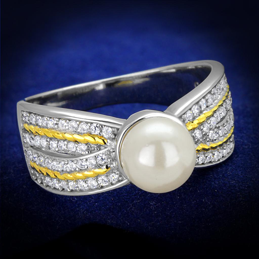 TS377 - Reverse Two-Tone 925 Sterling Silver Ring with Synthetic Pearl in White-0