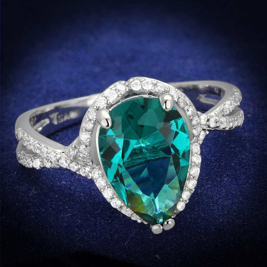 TS394 - Rhodium 925 Sterling Silver Ring with Synthetic Synthetic Glass in Blue Zircon-0
