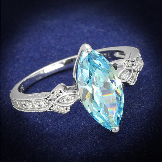 TS502 - Rhodium 925 Sterling Silver Ring with AAA Grade CZ  in Sea Blue-0