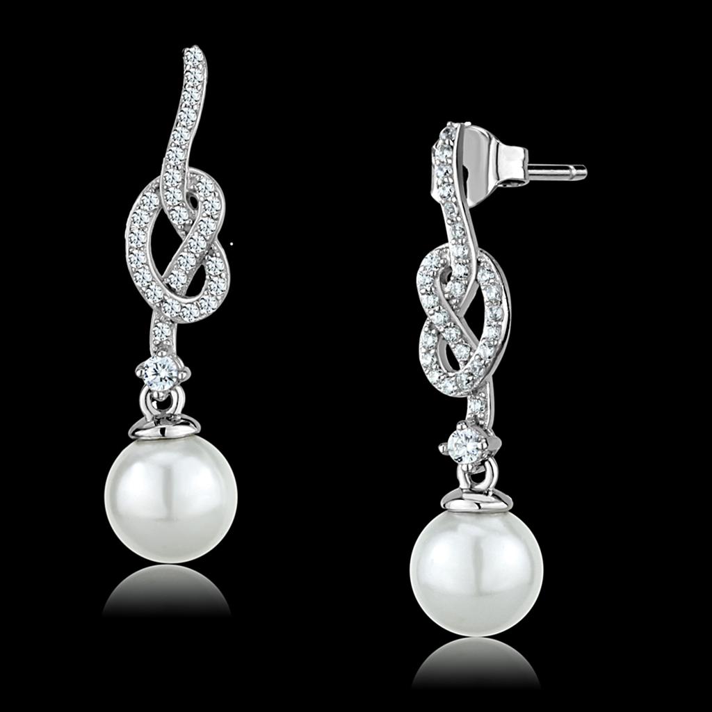 TS506 - Rhodium 925 Sterling Silver Earrings with Synthetic Glass Bead in White-0