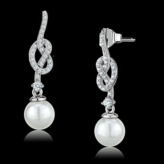 TS506 - Rhodium 925 Sterling Silver Earrings with Synthetic Glass Bead in White-0