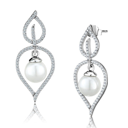 TS510 - Rhodium 925 Sterling Silver Earrings with Semi-Precious Glass Bead in White-0