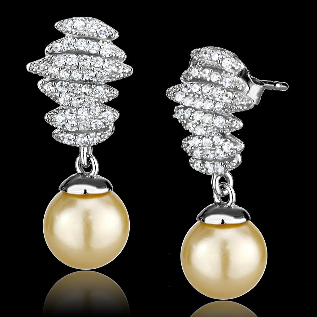 TS531 - Rhodium 925 Sterling Silver Earrings with Synthetic Pearl in Topaz-0