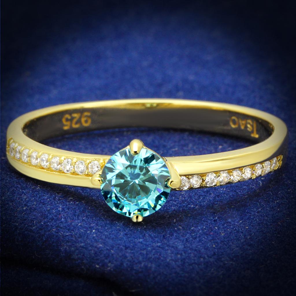 TS561 - Gold 925 Sterling Silver Ring with AAA Grade CZ  in Sea Blue-0