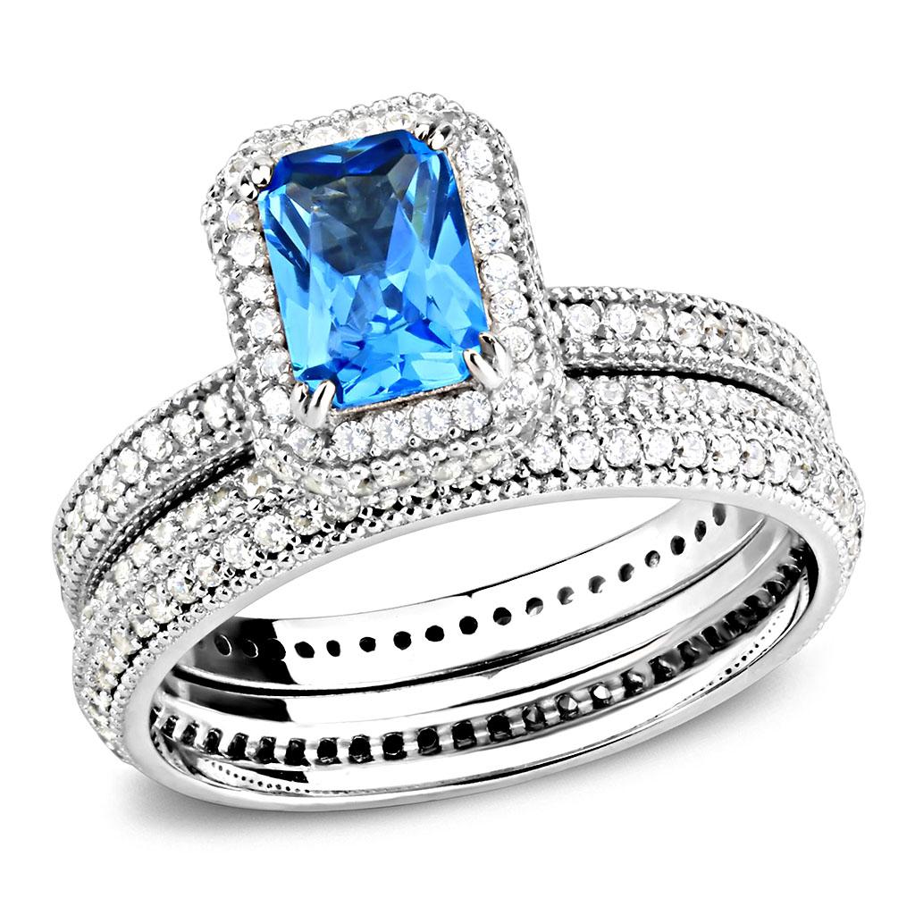TS615 - Rhodium 925 Sterling Silver Ring with Synthetic Synthetic Glass in Sea Blue-0